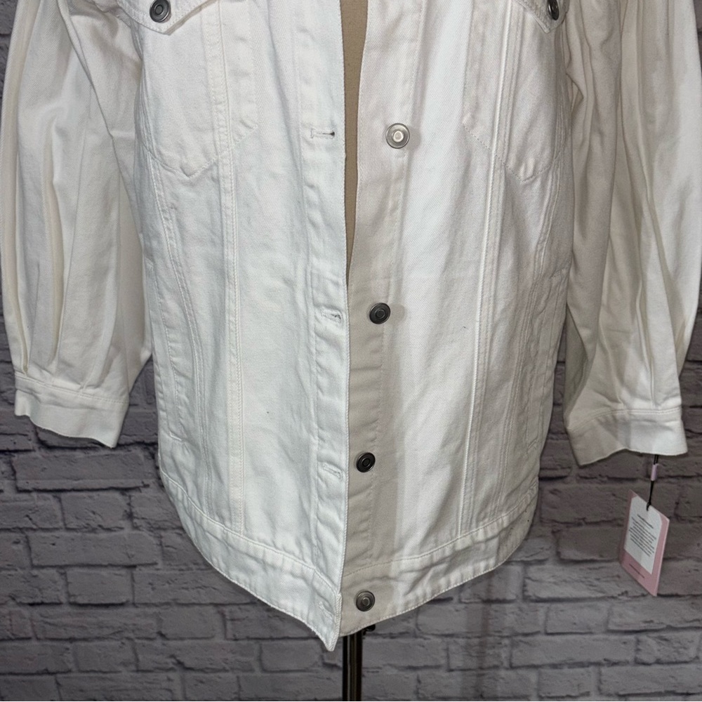 Anthropologie Avec Les Filles White Ruffled Puff Sleeve Oversized Denim Jacket - Picture 6 of 9